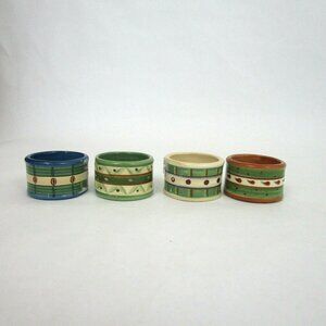 Lot of 4 Ceramic Napkin Rings Round Green Cream Glazed Stripes Dots Paisley